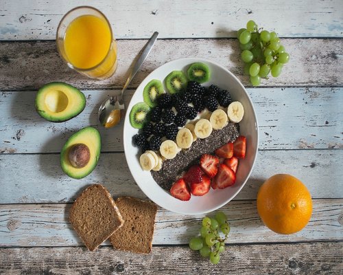Healthy breakfast bowl with seeds and fruits